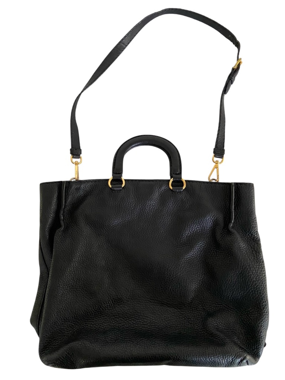 Auth Prada Black Vitello Daino Bag w Crossbody Strap Embossed Logo Gold Hardware